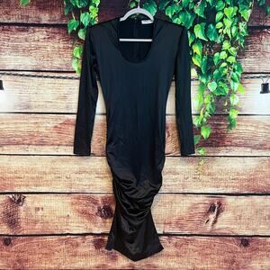 Patrick Kelly Paris Midi Dress Small Ruched Bodycon Black Satin Scoop Neck